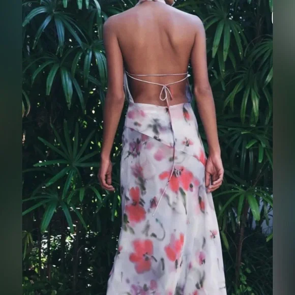 Zara Backless Halter Midi Dress in Light Purple with Coral Floral - Picture 2 of 3